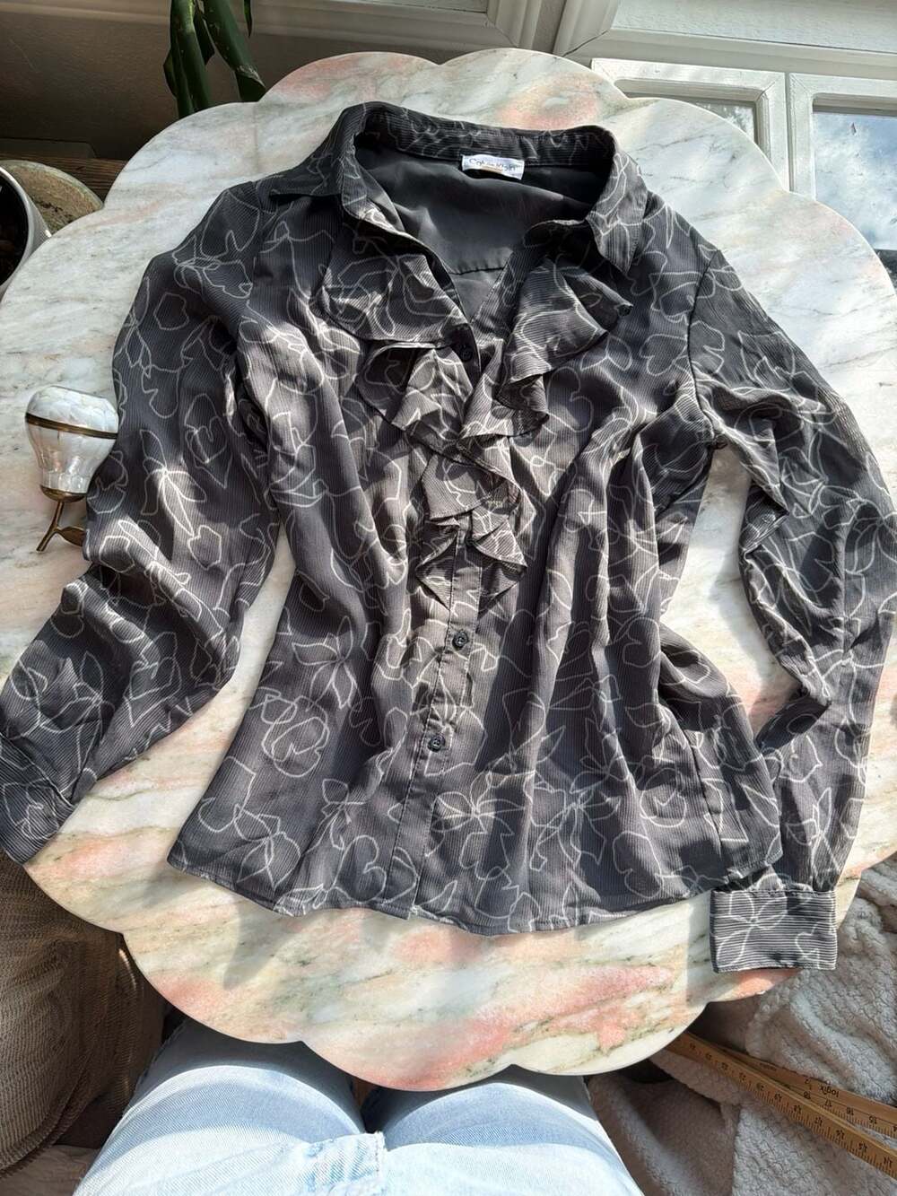 Calvin Klein Gray Floral Ruffle Front Button-Up Blouse